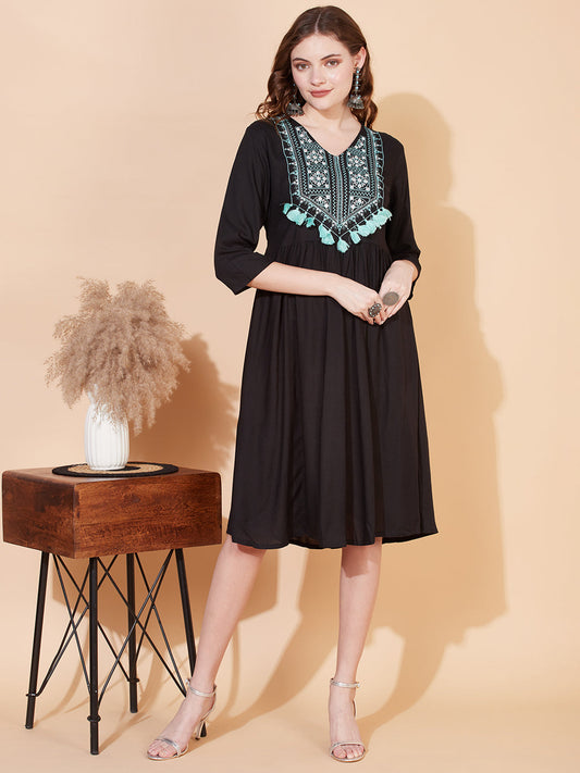 Ethnic Embroidered Flared Midi Dress - Black
