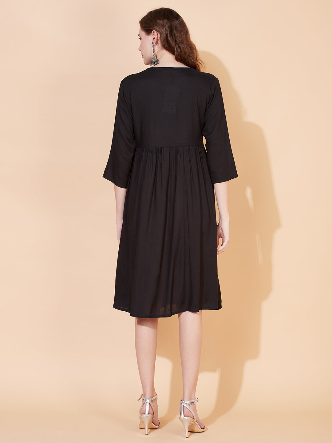 Ethnic Embroidered Flared Midi Dress - Black