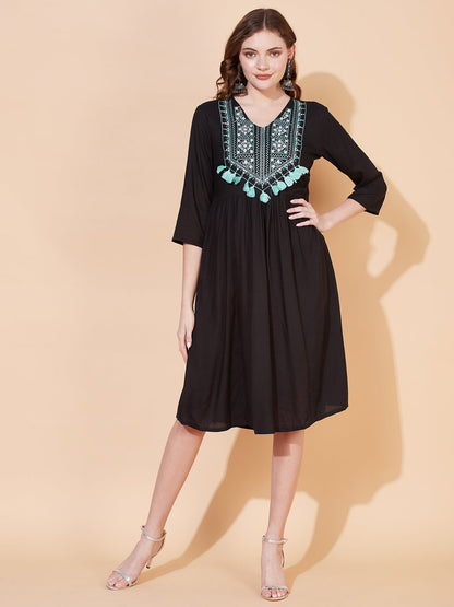 Ethnic Embroidered Flared Midi Dress - Black