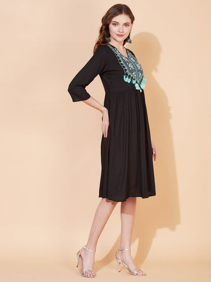 Ethnic Embroidered Flared Midi Dress - Black