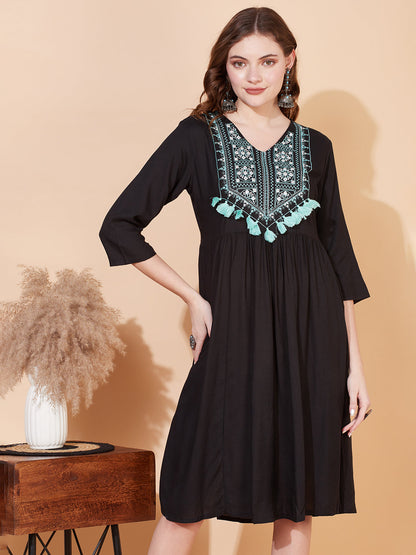 Ethnic Embroidered Flared Midi Dress - Black