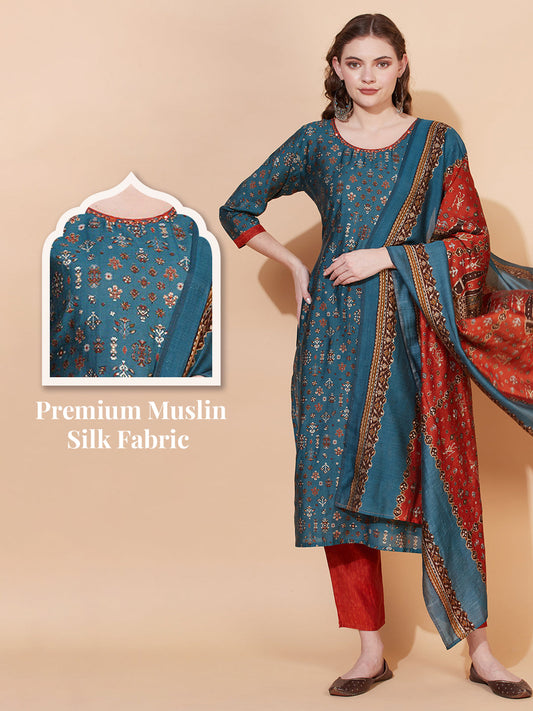 Ethnic Printed & Embroidered Kurta with Pants & Dupatta - Blue