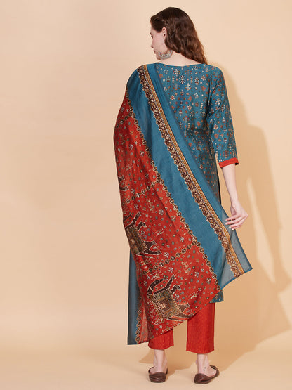 Ethnic Printed & Embroidered Kurta with Pants & Dupatta - Blue