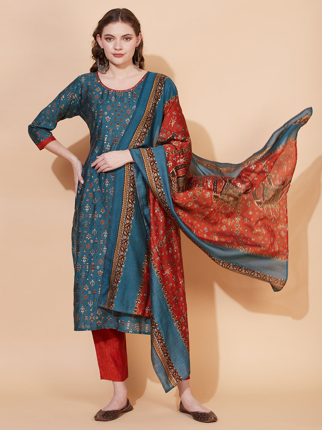 Ethnic Printed & Embroidered Kurta with Pants & Dupatta - Blue