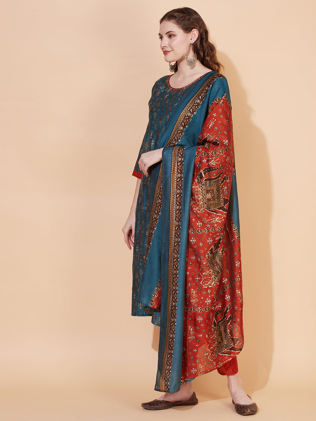 Ethnic Printed & Embroidered Kurta with Pants & Dupatta - Blue