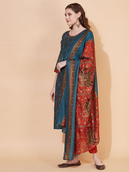 Ethnic Printed & Embroidered Kurta with Pants & Dupatta - Blue