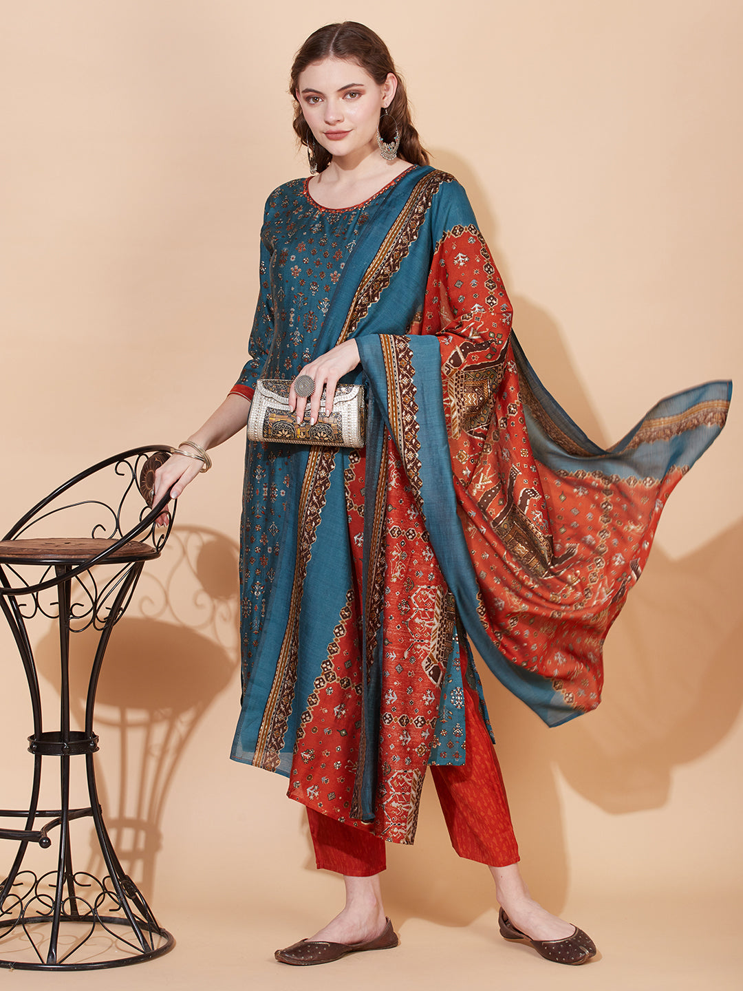 Ethnic Printed & Embroidered Kurta with Pants & Dupatta - Blue