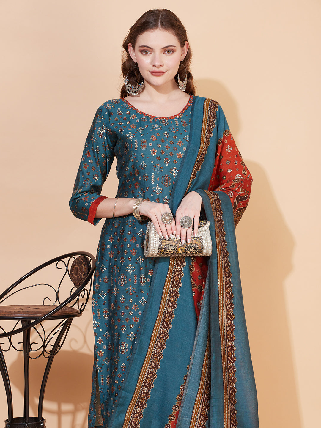 Ethnic Printed & Embroidered Kurta with Pants & Dupatta - Blue