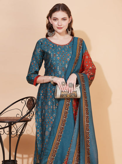 Ethnic Printed & Embroidered Kurta with Pants & Dupatta - Blue