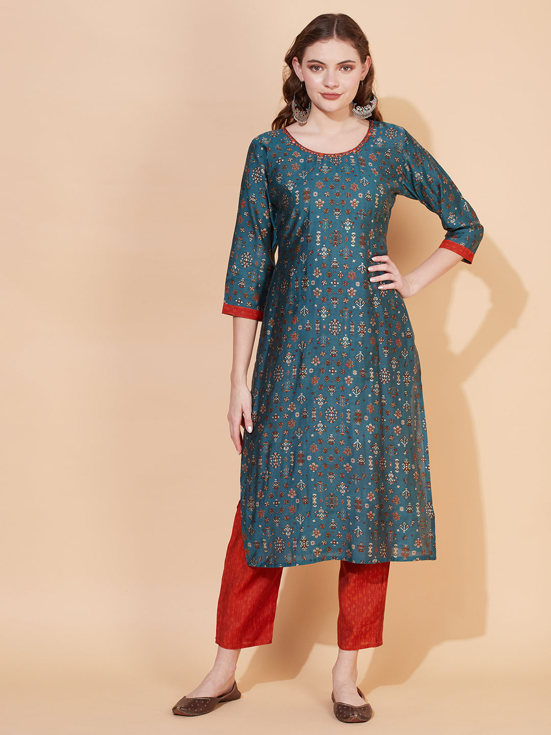 Ethnic Printed & Embroidered Kurta with Pants & Dupatta - Blue