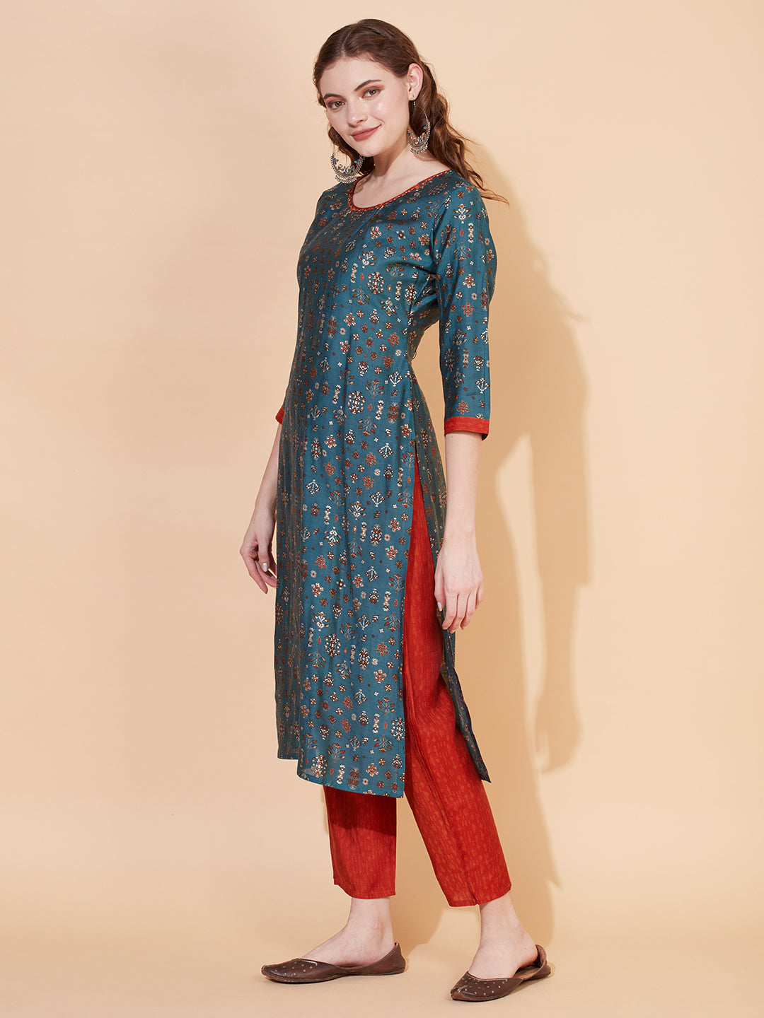 Ethnic Printed & Embroidered Kurta with Pants & Dupatta - Blue