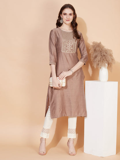 Ethnic Stripes Printed & Embroidered Straight Fit Kurta - Brown