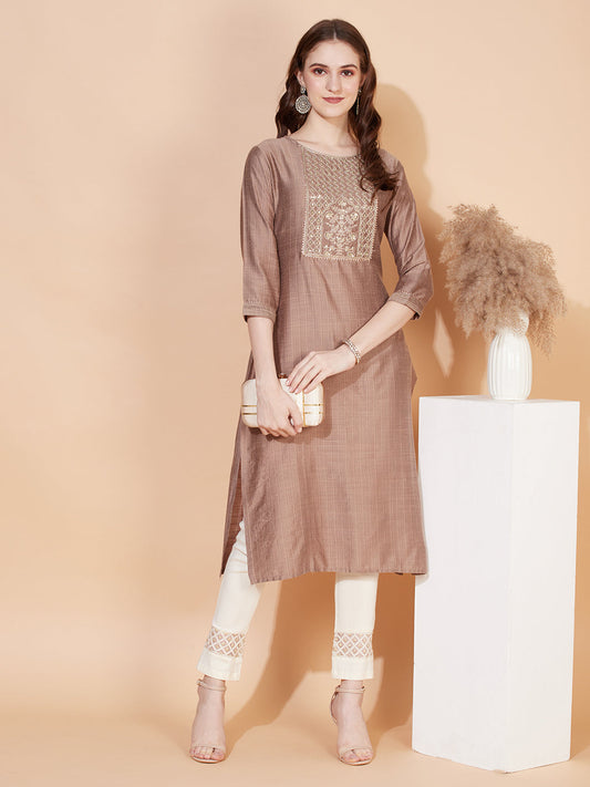 Ethnic Stripes Printed & Embroidered Straight Fit Kurta - Brown