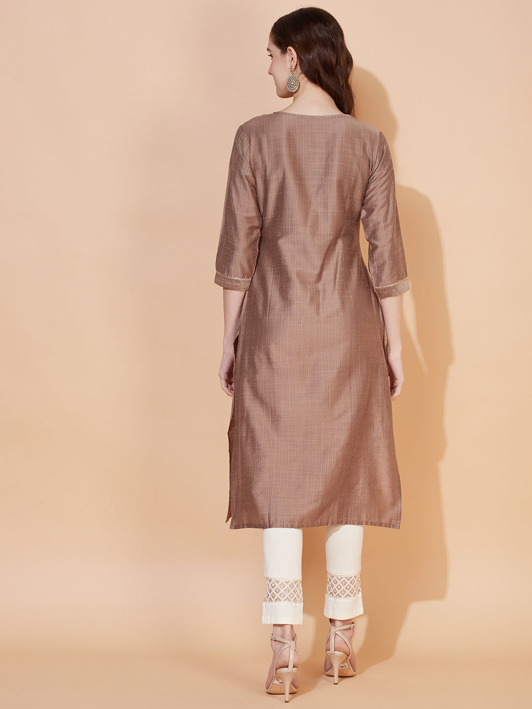 Ethnic Stripes Printed & Embroidered Straight Fit Kurta - Brown