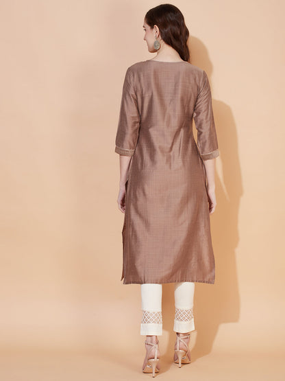 Ethnic Stripes Printed & Embroidered Straight Fit Kurta - Brown