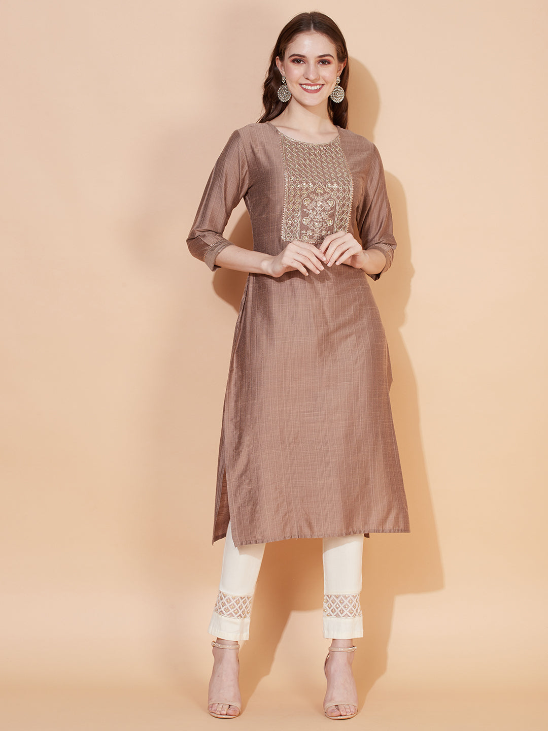 Ethnic Stripes Printed & Embroidered Straight Fit Kurta - Brown