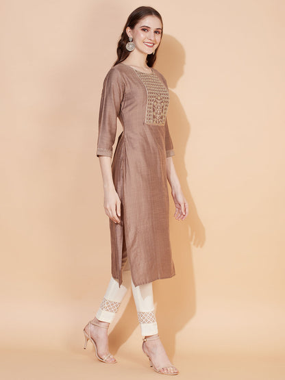 Ethnic Stripes Printed & Embroidered Straight Fit Kurta - Brown