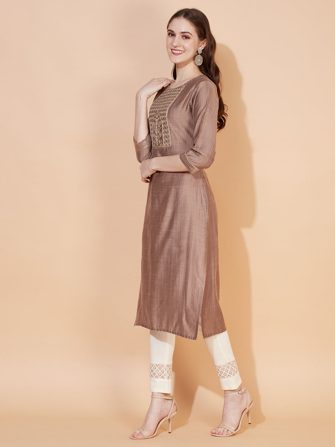 Ethnic Stripes Printed & Embroidered Straight Fit Kurta - Brown