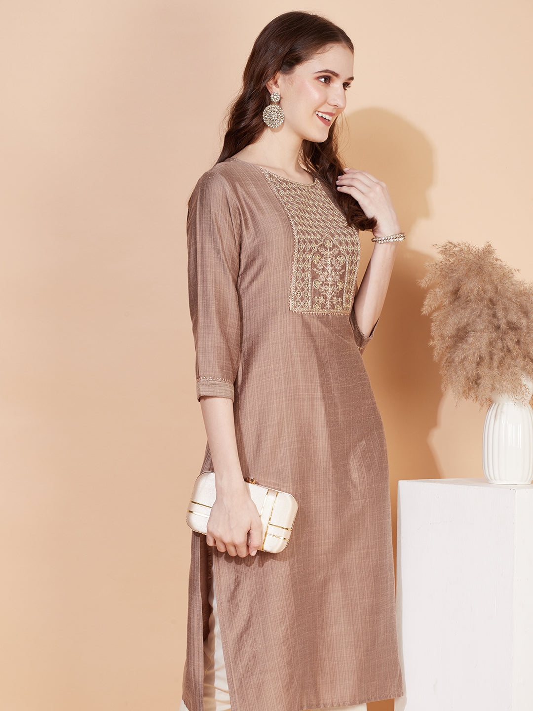 Ethnic Stripes Printed & Embroidered Straight Fit Kurta - Brown