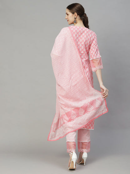 Floral Printed & Embroidered Straight Kurta with Pants & Dupatta - Pink