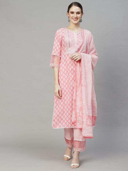Floral Printed & Embroidered Straight Kurta with Pants & Dupatta - Pink