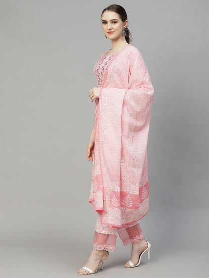 Floral Printed & Embroidered Straight Kurta with Pants & Dupatta - Pink