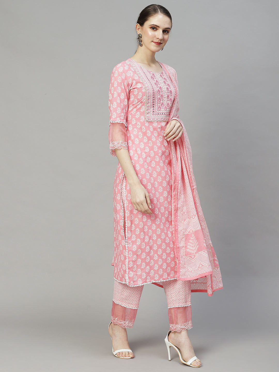 Floral Printed & Embroidered Straight Kurta with Pants & Dupatta - Pink