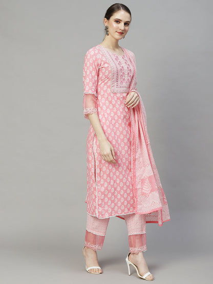 Floral Printed & Embroidered Straight Kurta with Pants & Dupatta - Pink