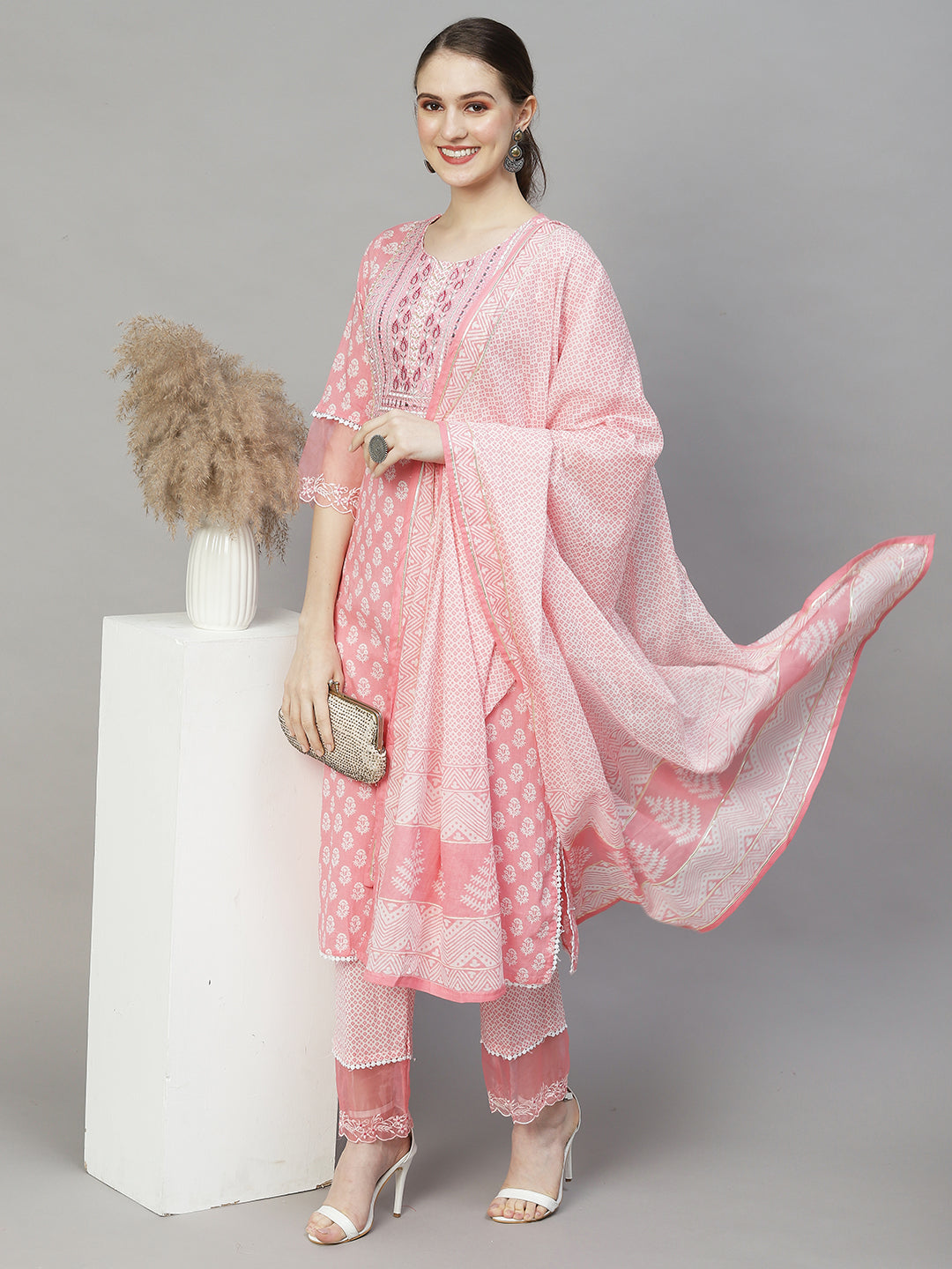 Floral Printed & Embroidered Straight Kurta with Pants & Dupatta - Pink