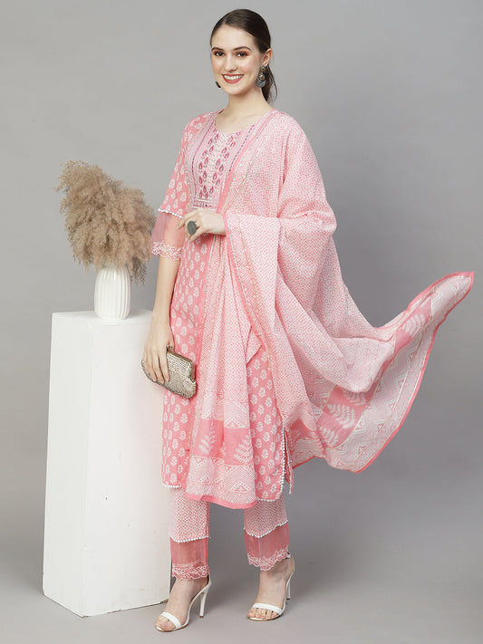 Floral Printed & Embroidered Straight Kurta with Pants & Dupatta - Pink