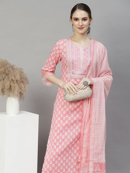 Floral Printed & Embroidered Straight Kurta with Pants & Dupatta - Pink
