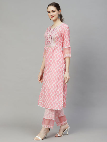 Floral Printed & Embroidered Straight Kurta with Pants & Dupatta - Pink