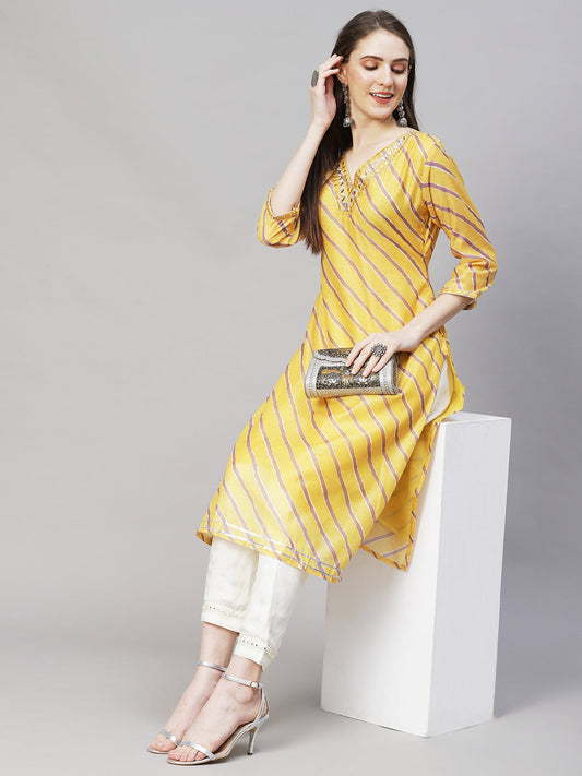 Leheriya Printed & Embroidered Straight Fit Kurta - Yellow