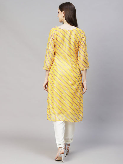 Leheriya Printed & Embroidered Straight Fit Kurta - Yellow