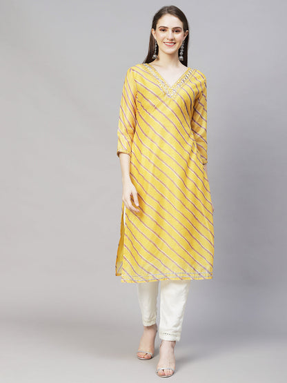 Leheriya Printed & Embroidered Straight Fit Kurta - Yellow