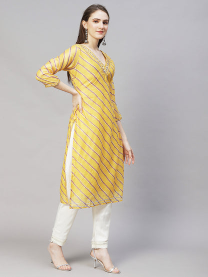 Leheriya Printed & Embroidered Straight Fit Kurta - Yellow