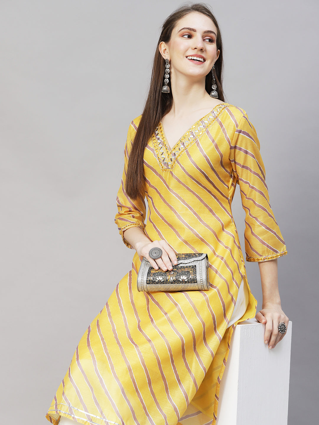 Leheriya Printed & Embroidered Straight Fit Kurta - Yellow