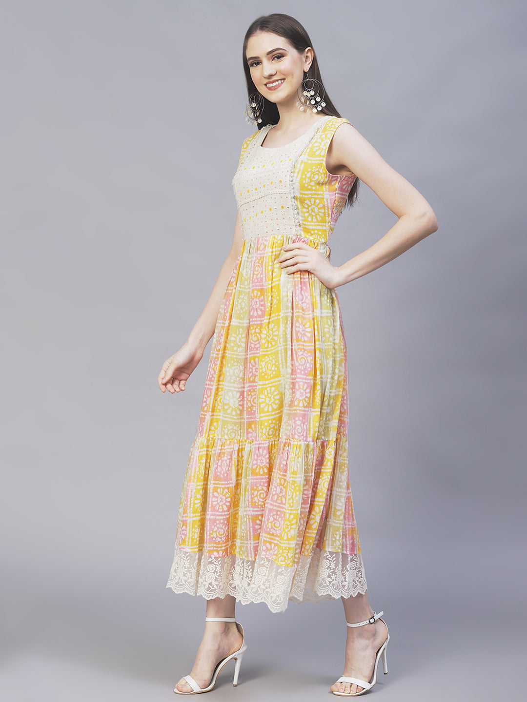 Ethnic Printed & Hand Embroidered A-Line Flare Maxi Dress - Multi