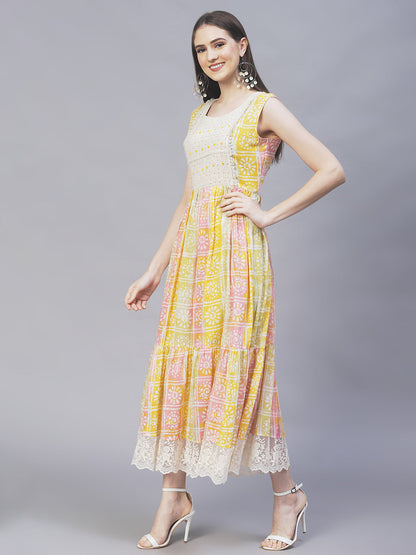 Ethnic Printed & Hand Embroidered A-Line Flare Maxi Dress - Multi