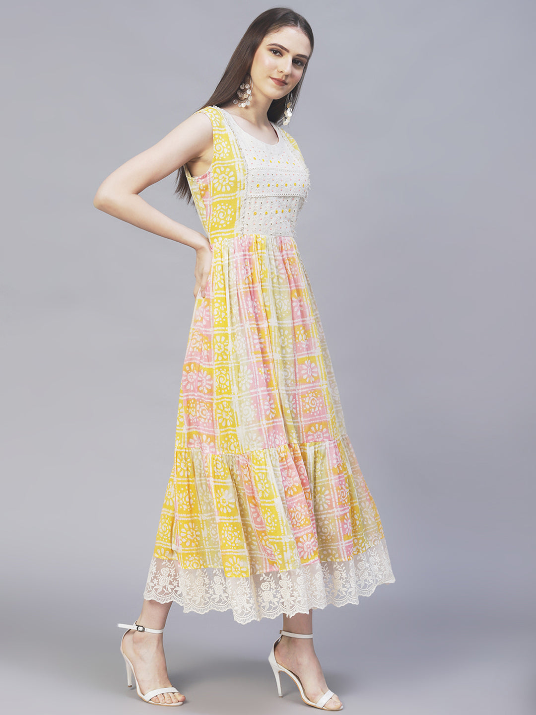 Ethnic Printed & Hand Embroidered A-Line Flare Maxi Dress - Multi