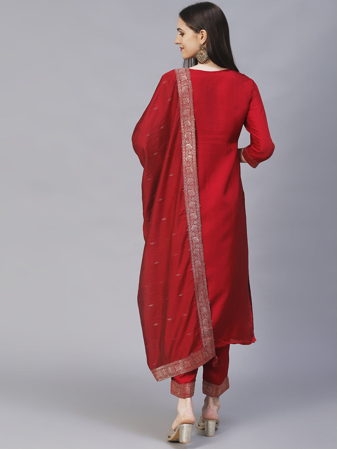 Ethnic Woven & Hand Embroidered Kurta with Pants & Dupatta - Maroon