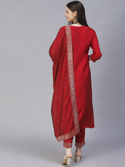 Ethnic Woven & Hand Embroidered Kurta with Pants & Dupatta - Maroon