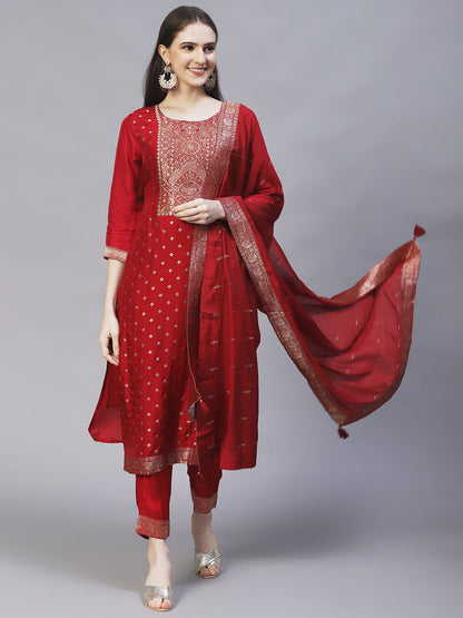 Ethnic Woven & Hand Embroidered Kurta with Pants & Dupatta - Maroon