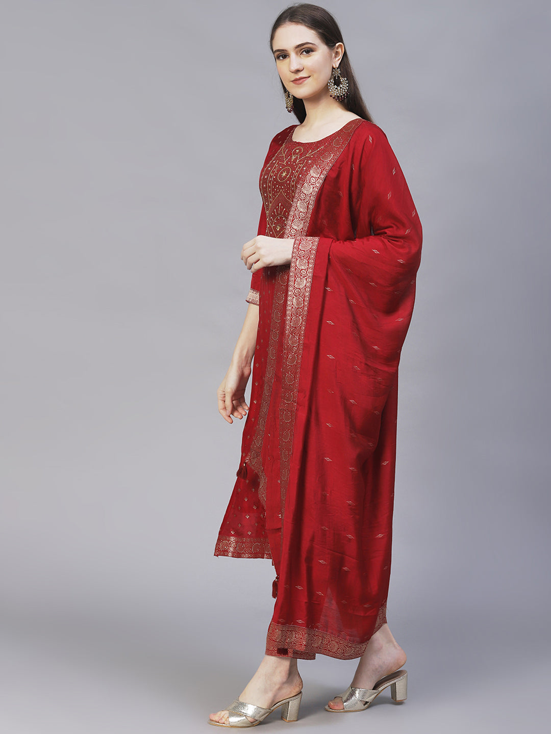 Ethnic Woven & Hand Embroidered Kurta with Pants & Dupatta - Maroon