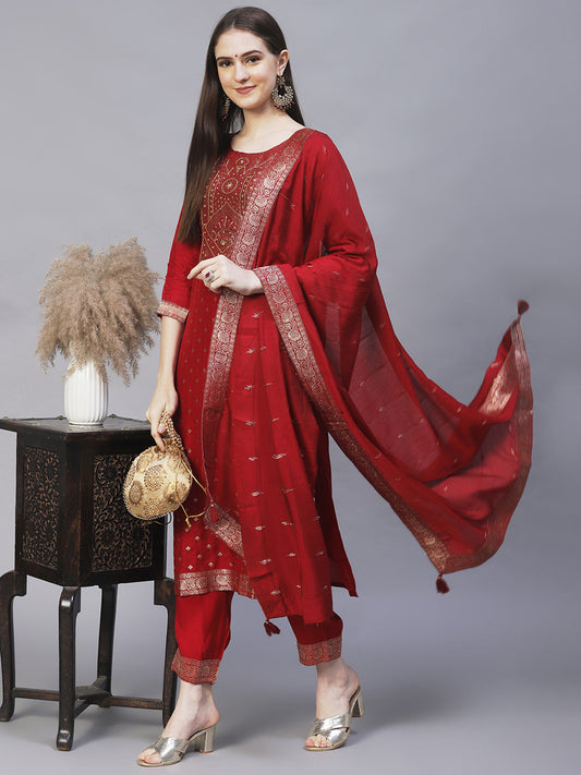 Ethnic Woven & Hand Embroidered Kurta with Pants & Dupatta - Maroon