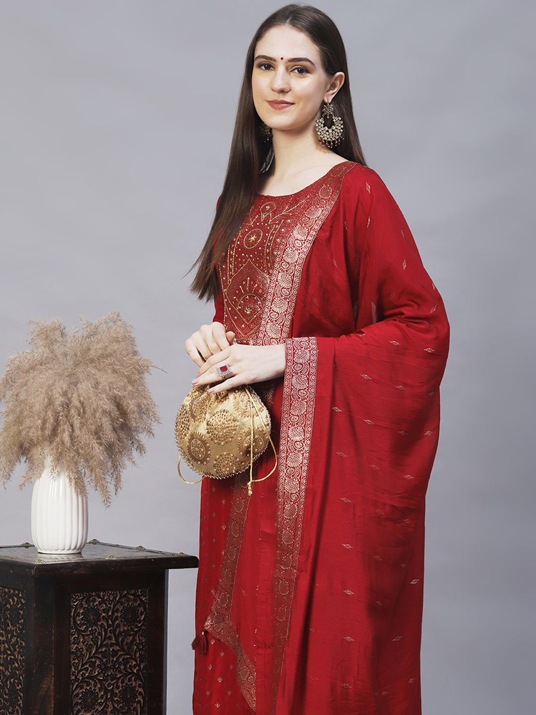 Ethnic Woven & Hand Embroidered Kurta with Pants & Dupatta - Maroon