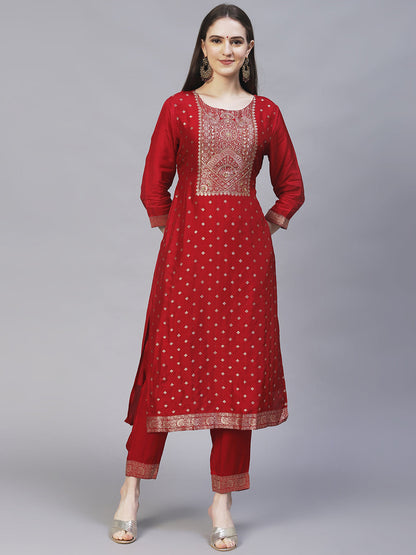 Ethnic Woven & Hand Embroidered Kurta with Pants & Dupatta - Maroon