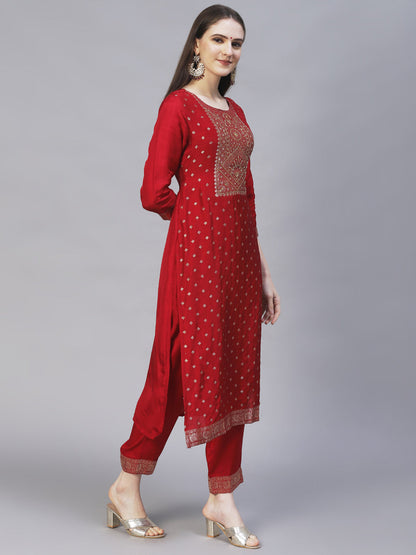 Ethnic Woven & Hand Embroidered Kurta with Pants & Dupatta - Maroon