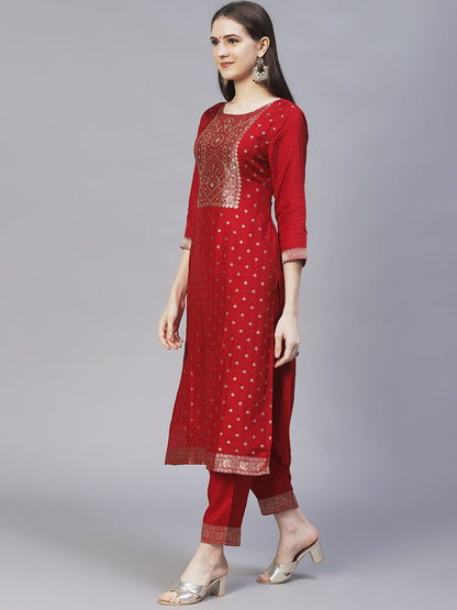 Ethnic Woven & Hand Embroidered Kurta with Pants & Dupatta - Maroon