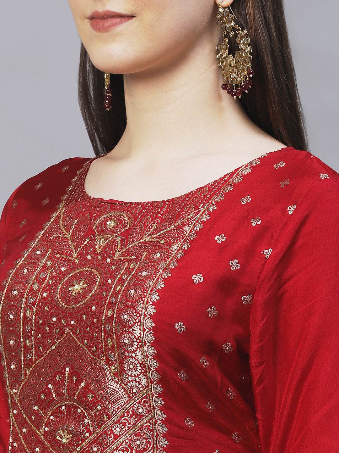 Ethnic Woven & Hand Embroidered Kurta with Pants & Dupatta - Maroon